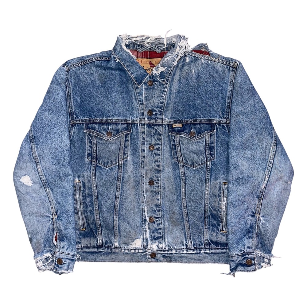 Levi Strauss Signature Mens Distressed Flannel Lined Denim Trucker Jacket Blue L